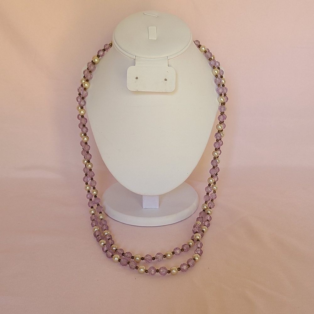 Vintage Faux Pearl Lavender Purple Faceted Beaded Necklace Long Box Clasp